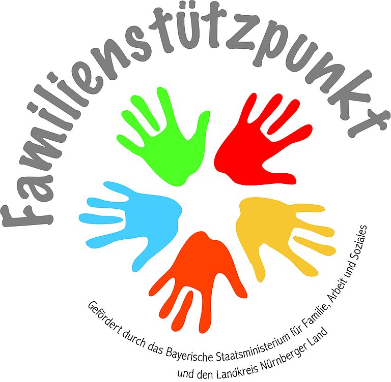 Das Logo der Familienstützpunkte: Fünf bunte Handabdrücke. 